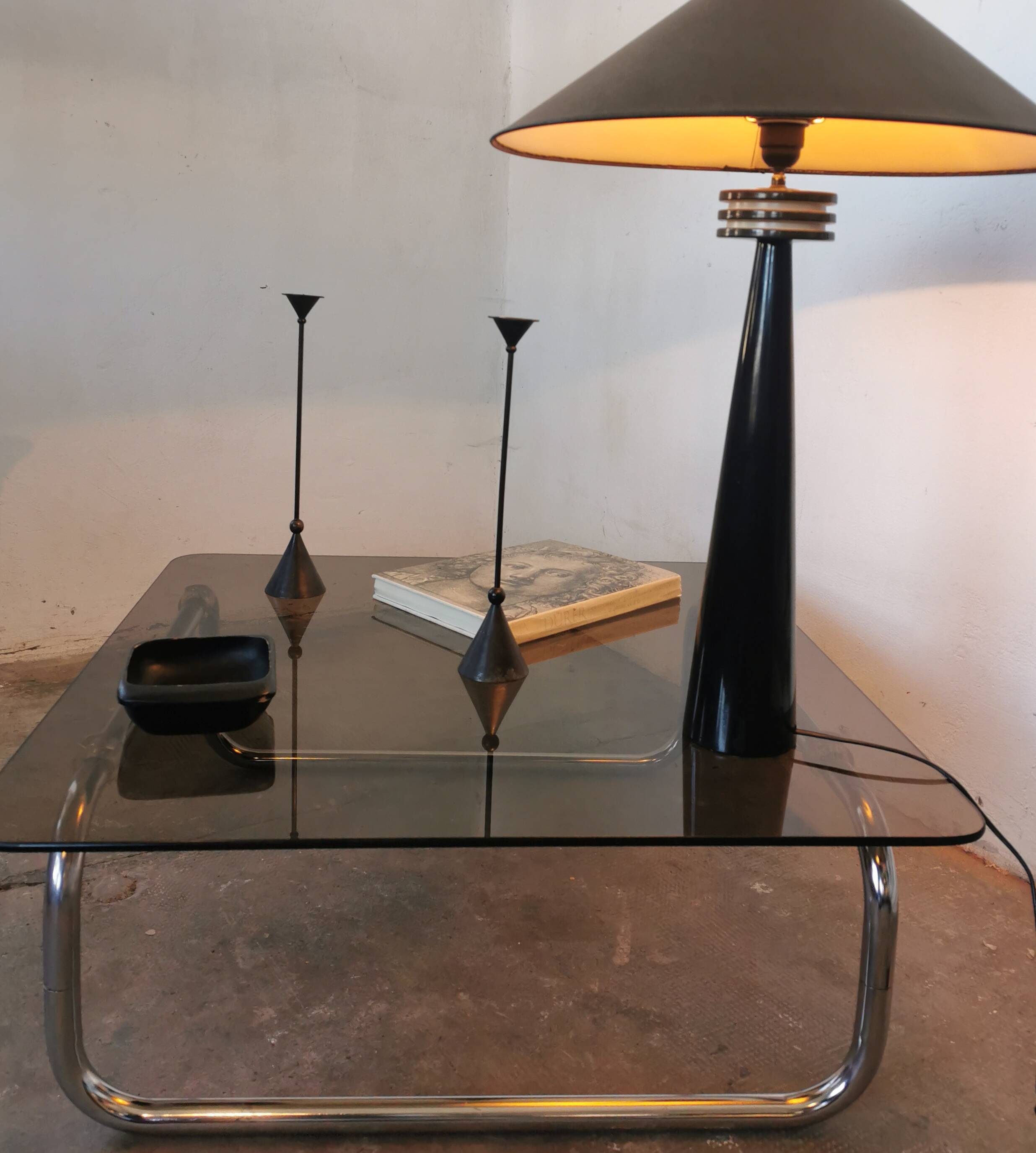 Chrome tubular metal and smoked glass coffee table