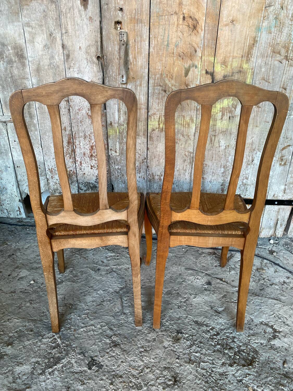 Pair of Antique Art Nouveau Chairs with Wooden Frame + Woven Straw Seat Vintage