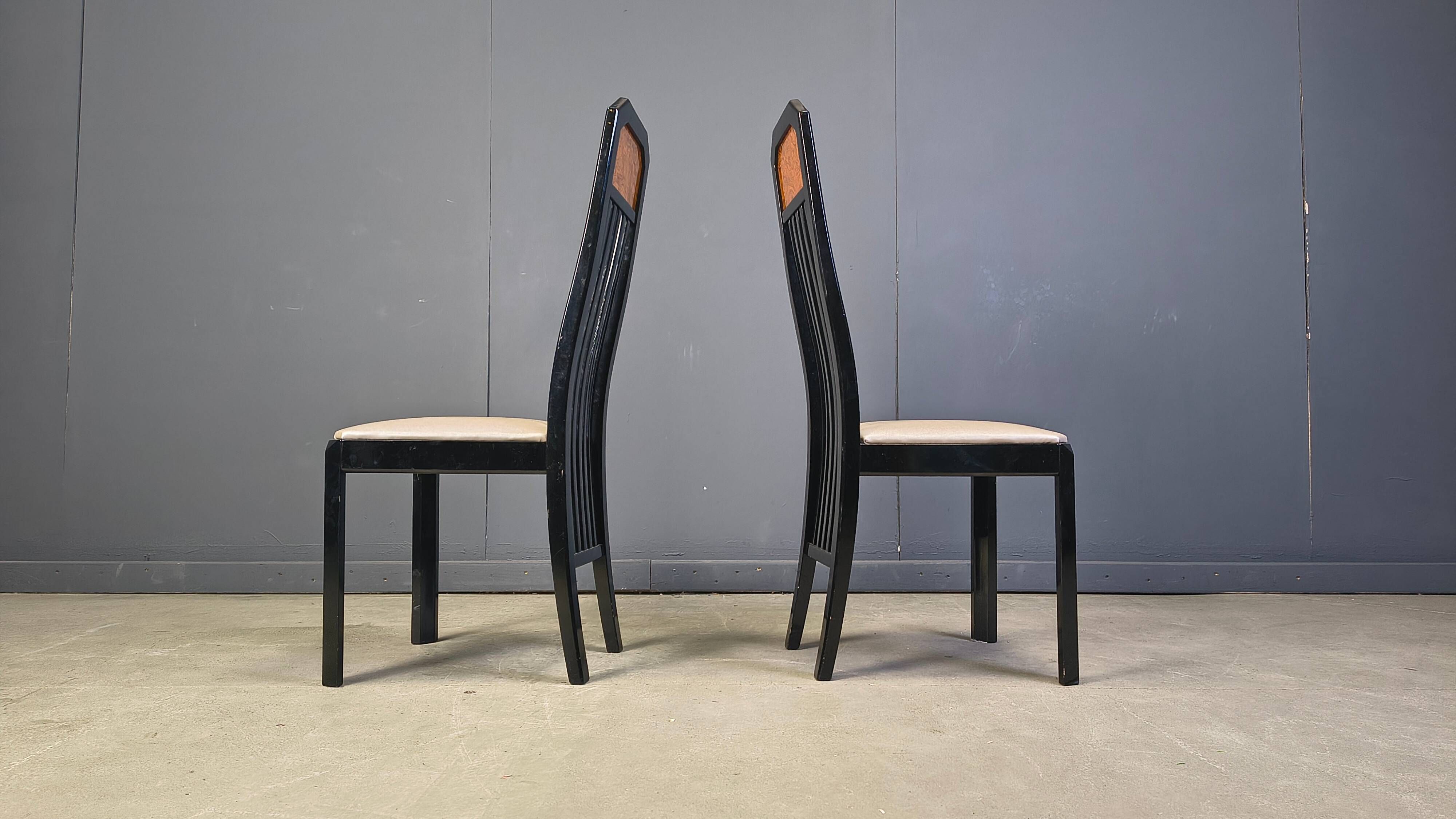 Vintage burl wood and lacquer dining chairs, 1980s