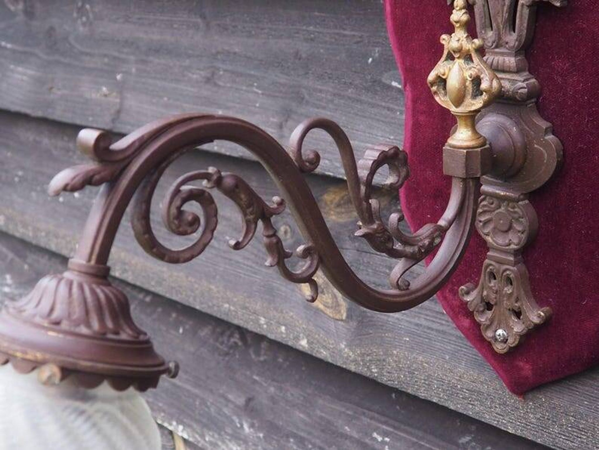 Art Nouveau Wall Sconce: French Metal, Opaline Rose Shade, C1950s