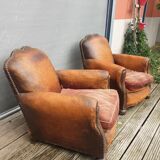 Pair armchairs club leather "punk" back mustache