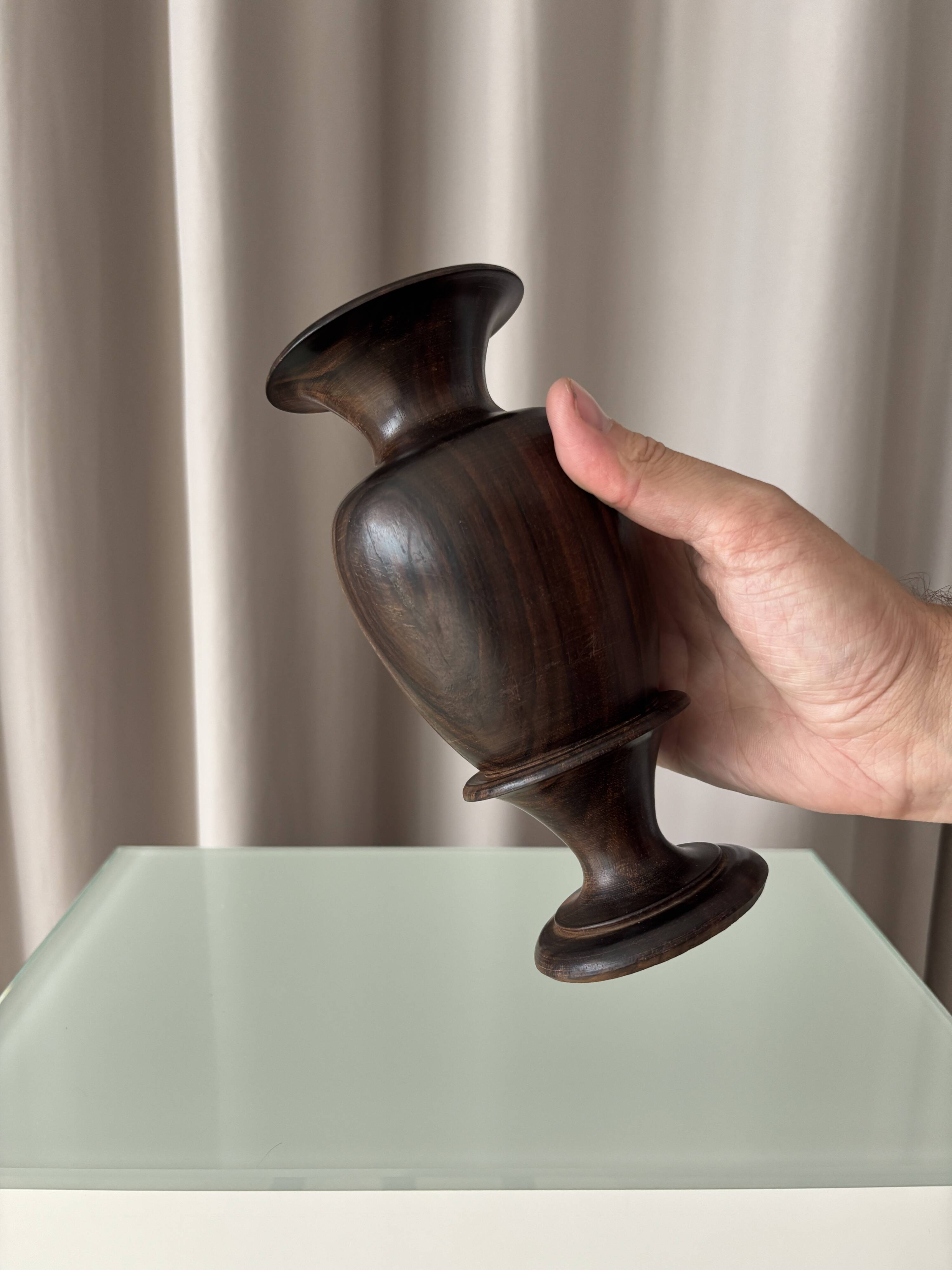 Vintage Sculptural Turned Wood Vase – Dark Hardwood – 20 cm