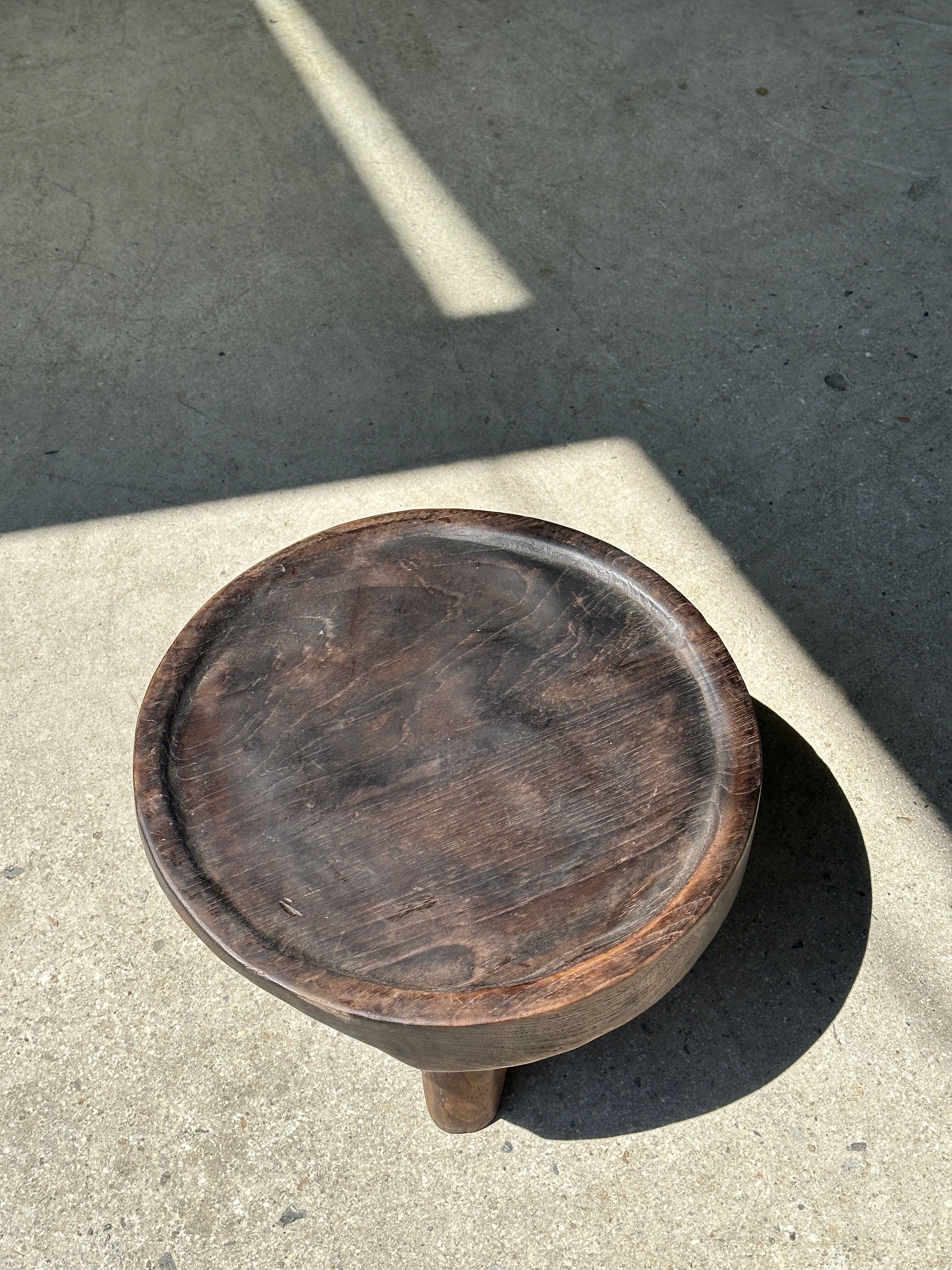 Small tripod stool low in dark brown upcycled teak