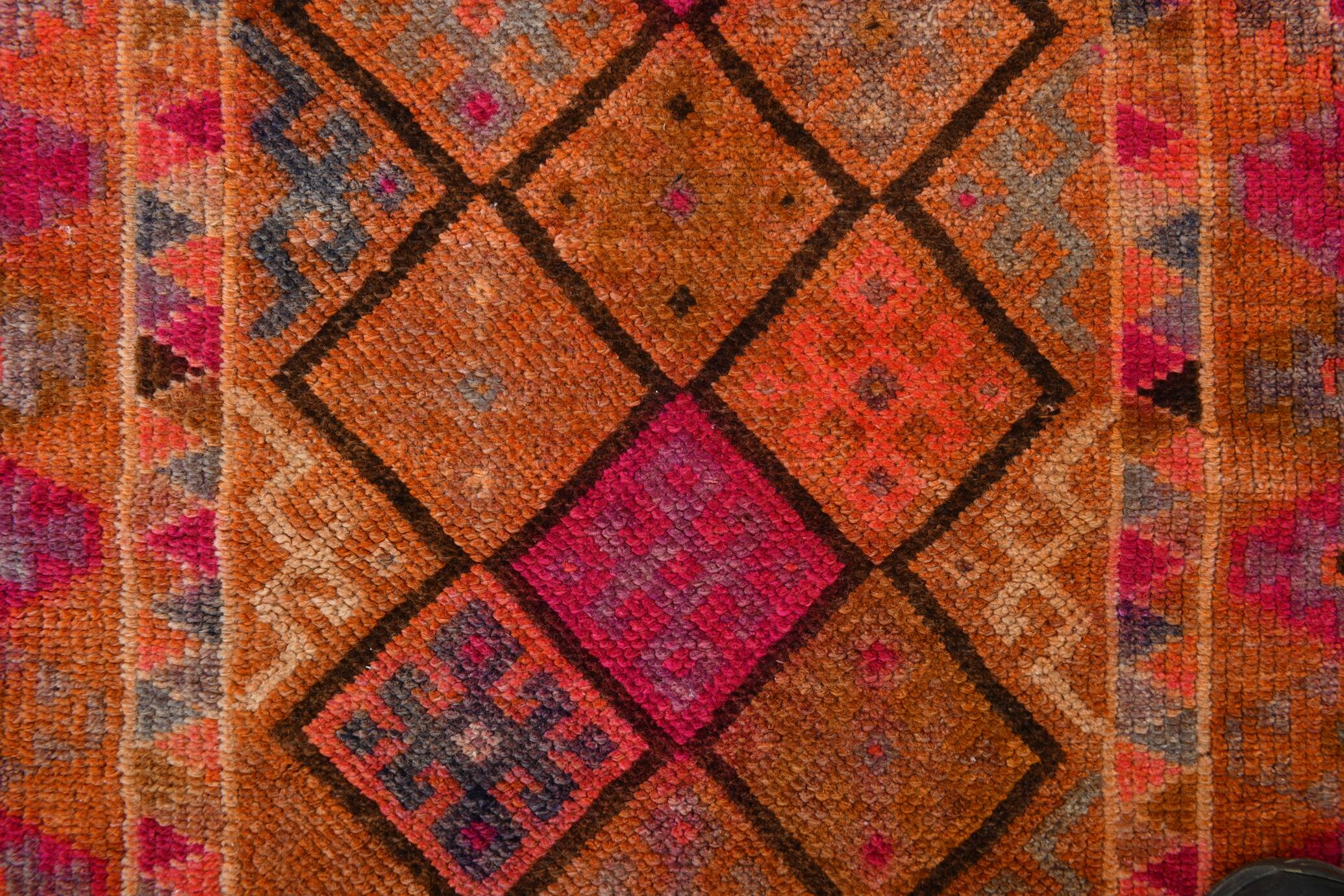 Long Tapis Couloir Vintage Orange et Fuchsia à Motifs Géométriques,91x278Cm