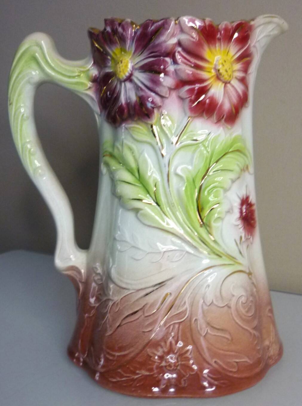 Barbotine pitcher, Onnaing earthenware, art nouveau ceramics, model no. 790
