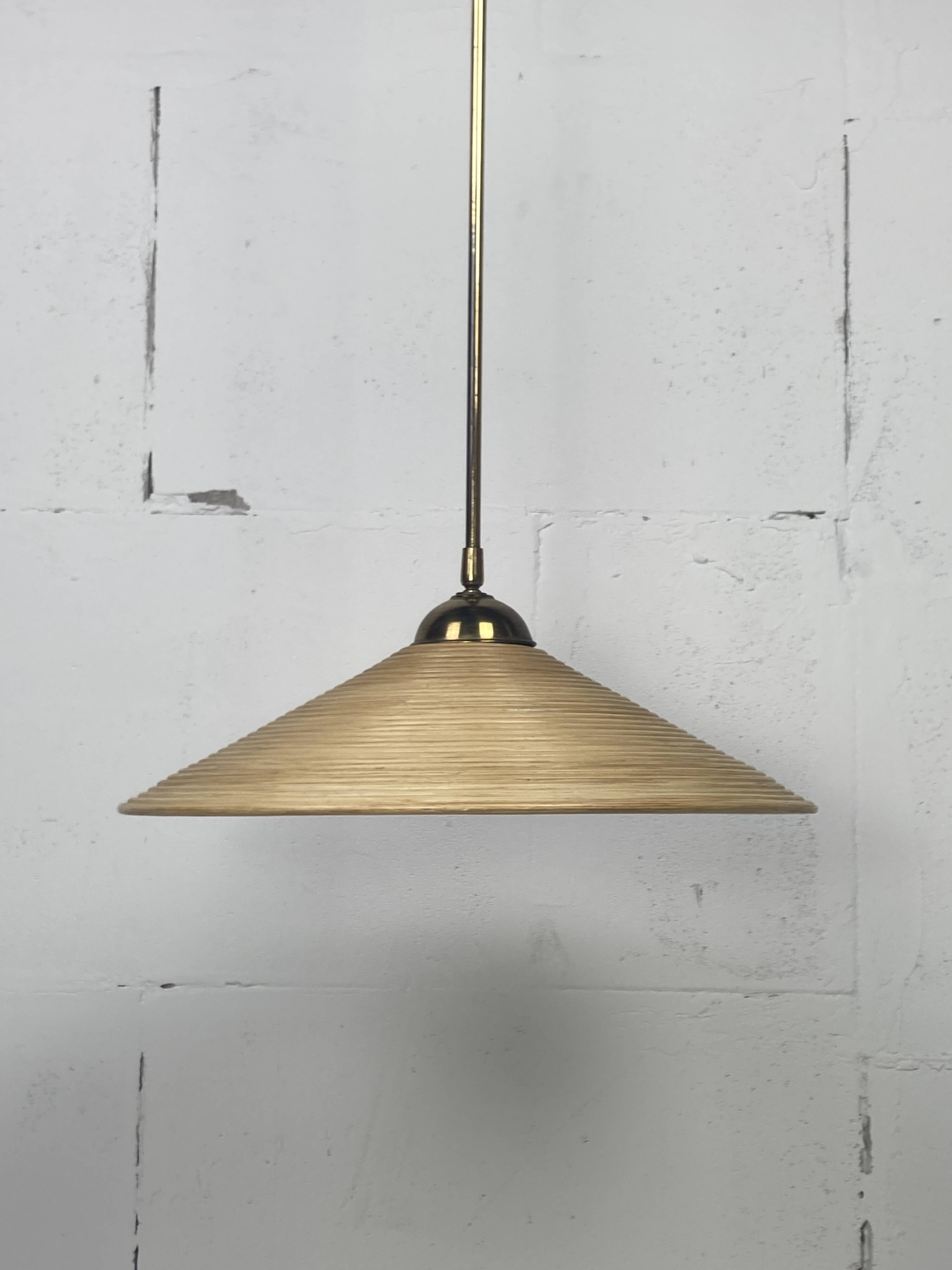 Telescopic brass and pencil reed rattan bamboo hanging pendant lamp, Italy 1970s