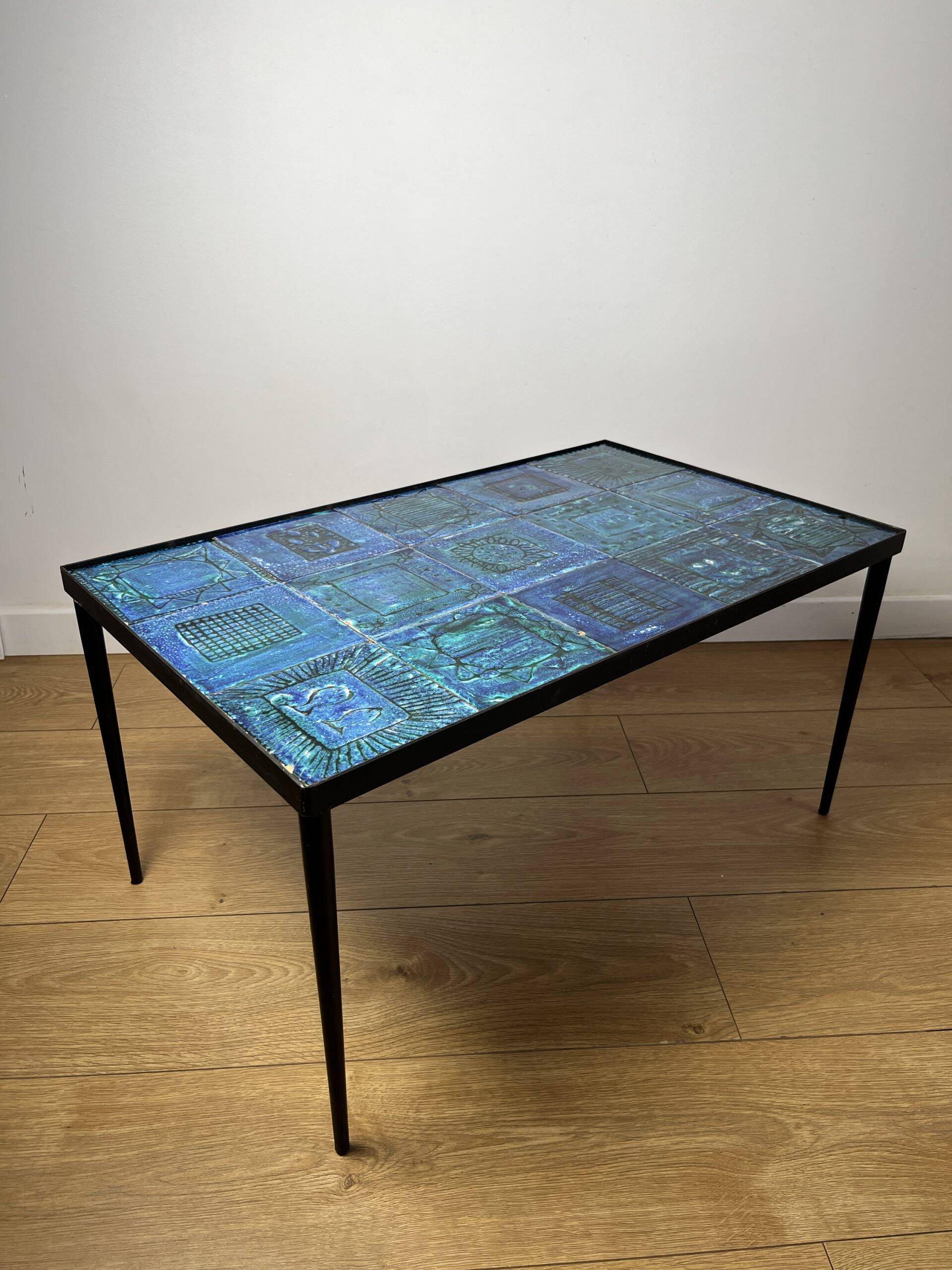 Blue ceramic coffee table by Robert & Jean CLOUTIER circa 1960