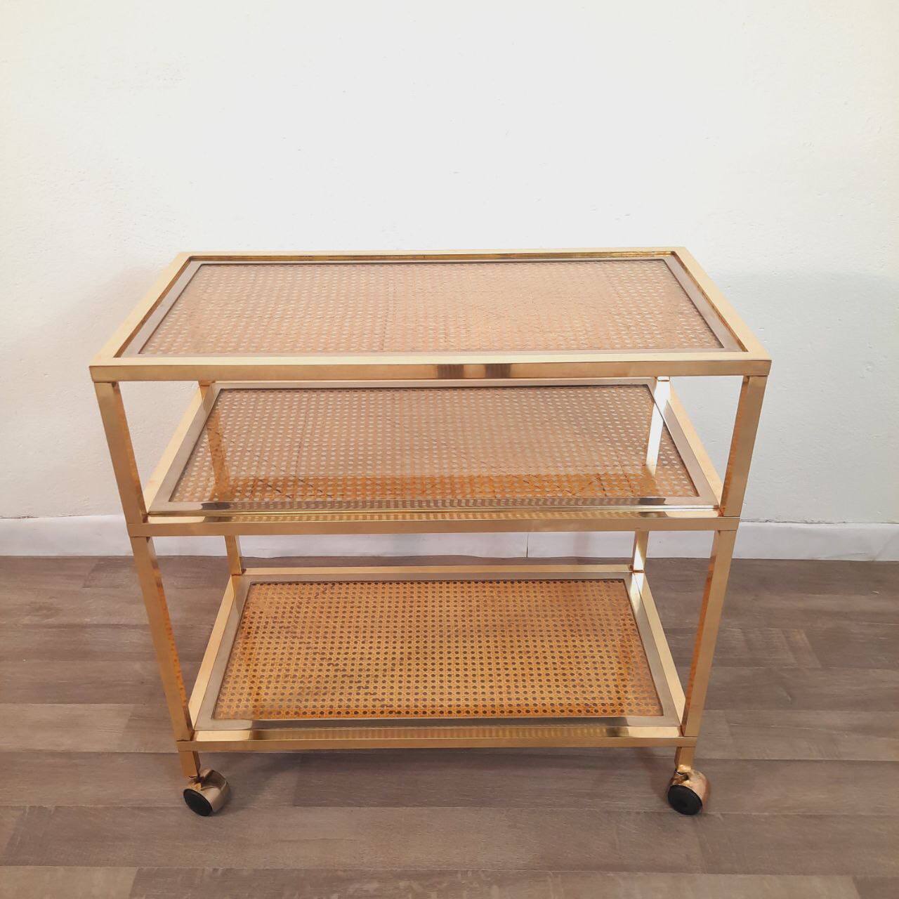 Trolley with wheels, wicker, brass and steel