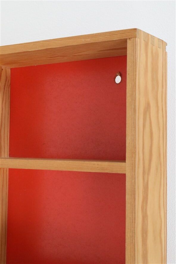 Mid-century wall shelf with mirror / 1970s / maritime pine / Danish modern design / red-orange