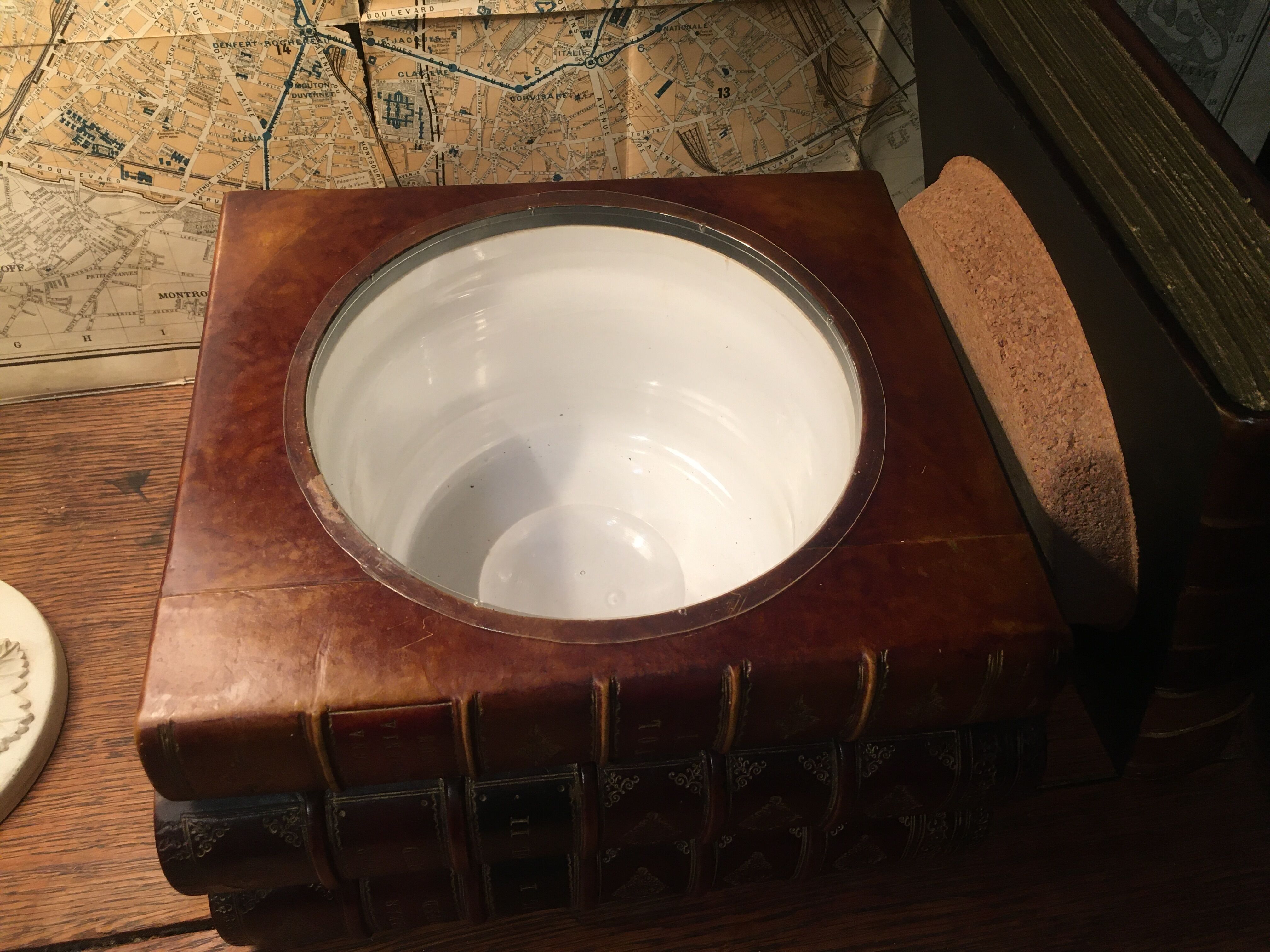 Stacked book ice bucket made of wood and leather
