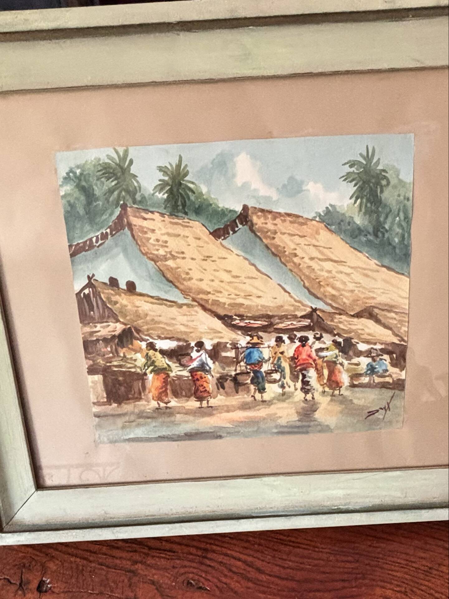 Aquarelle ancienne - Scène de Marché - École d'Indochine v. 1950