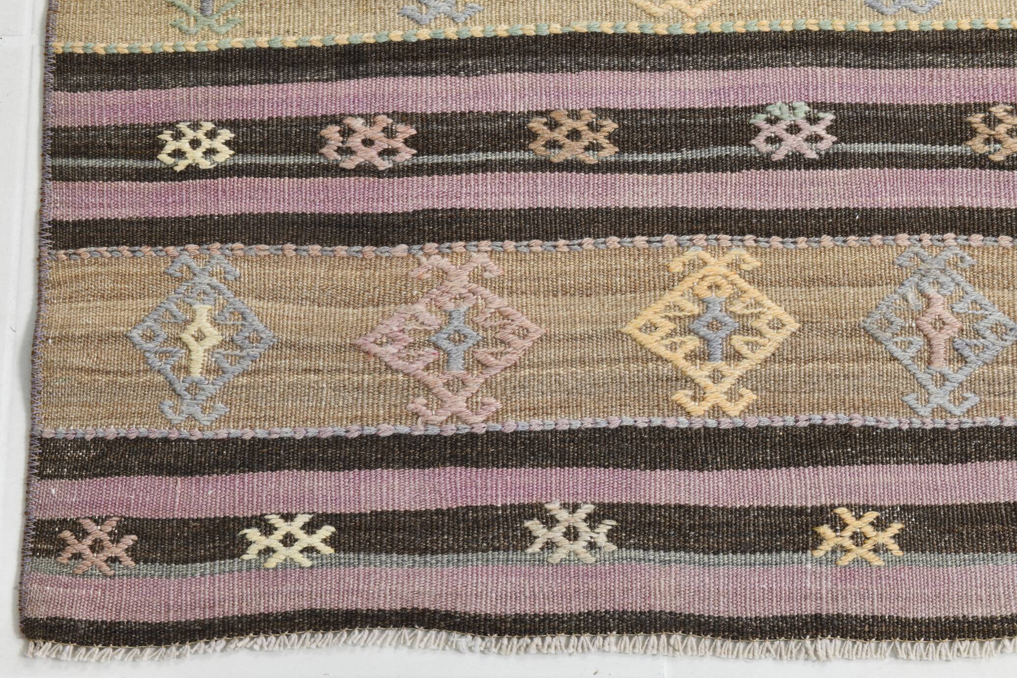 3x10 Pastel Pink & Brown Striped Kilim Runner Rug, 90x315Cm