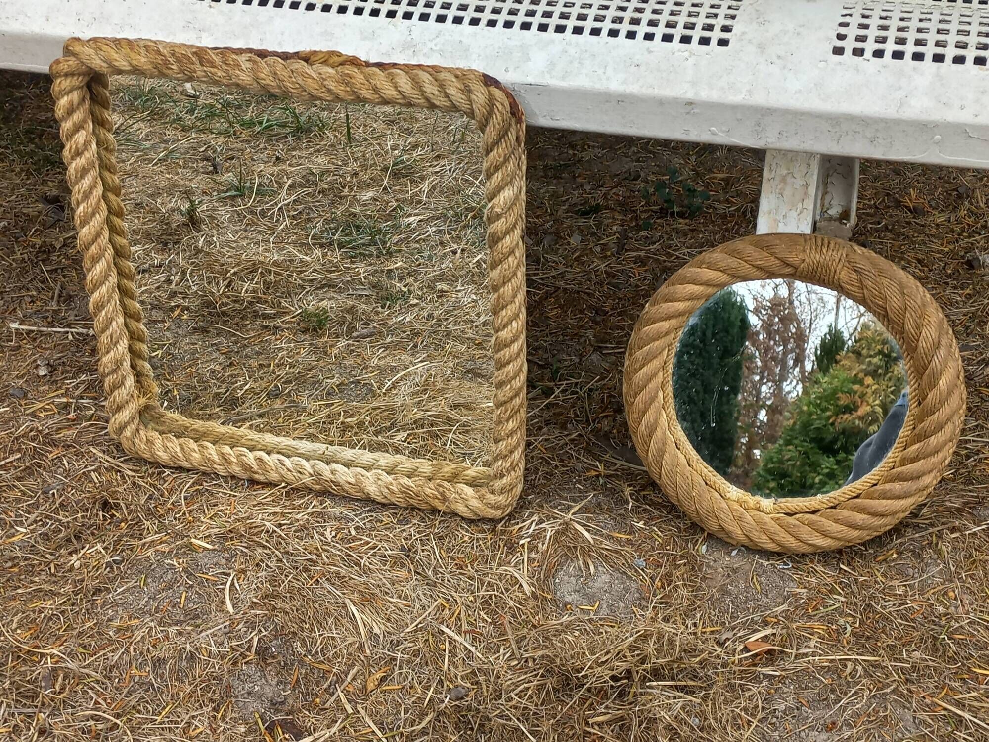 Set of 2 Audoux and Minet mirrors with rope from the 1950s.