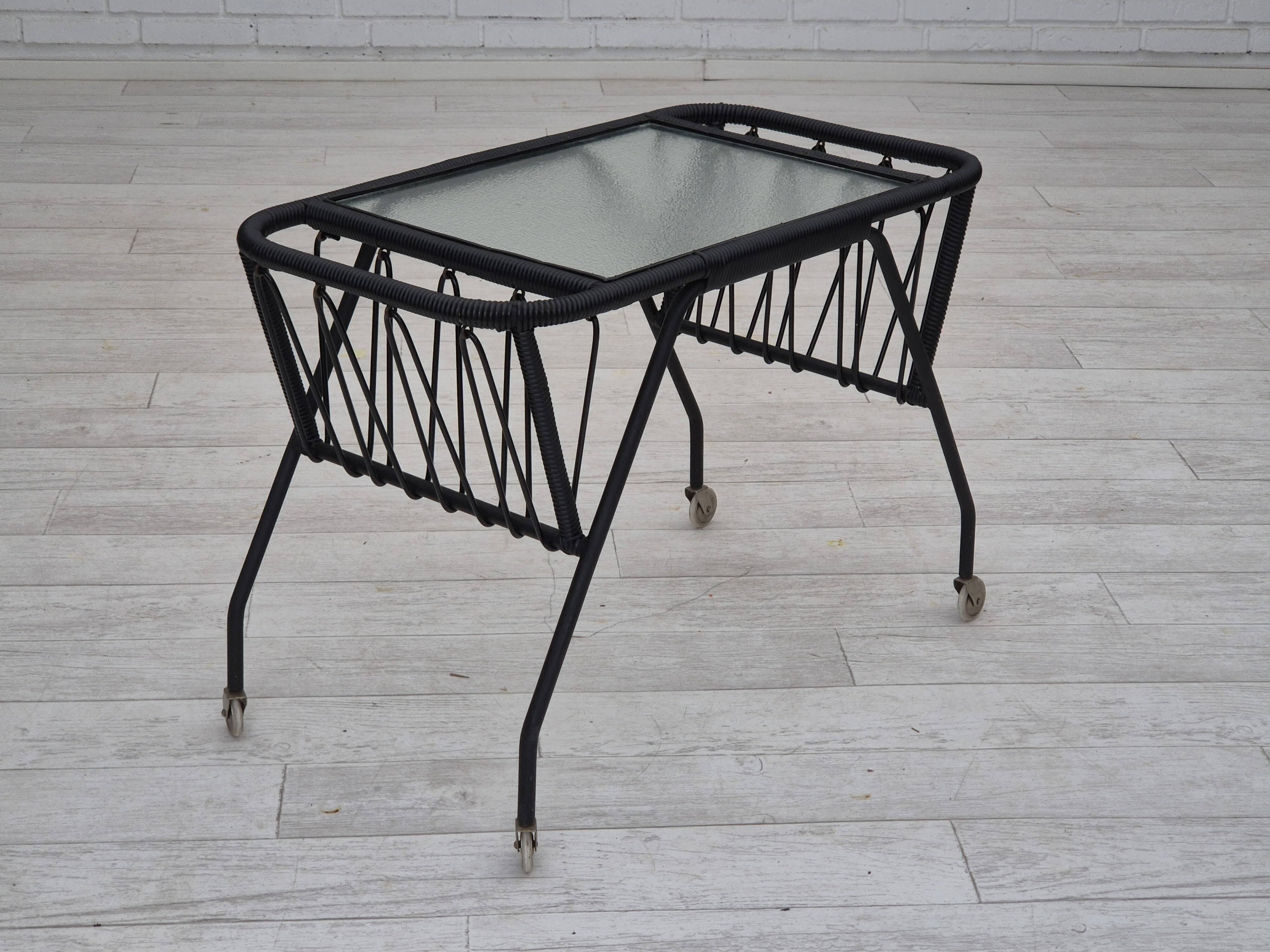 1970s, Scandinavian side table, original condition, glass, wood, metal, plastic rope.