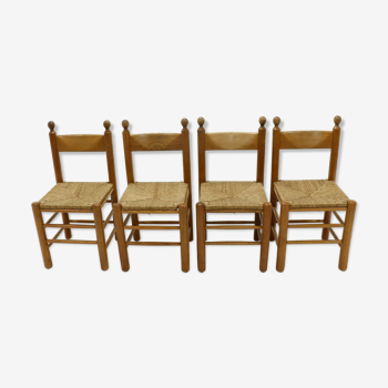 Set of 4 solid oak & rush brutalist dining chairs 1960s