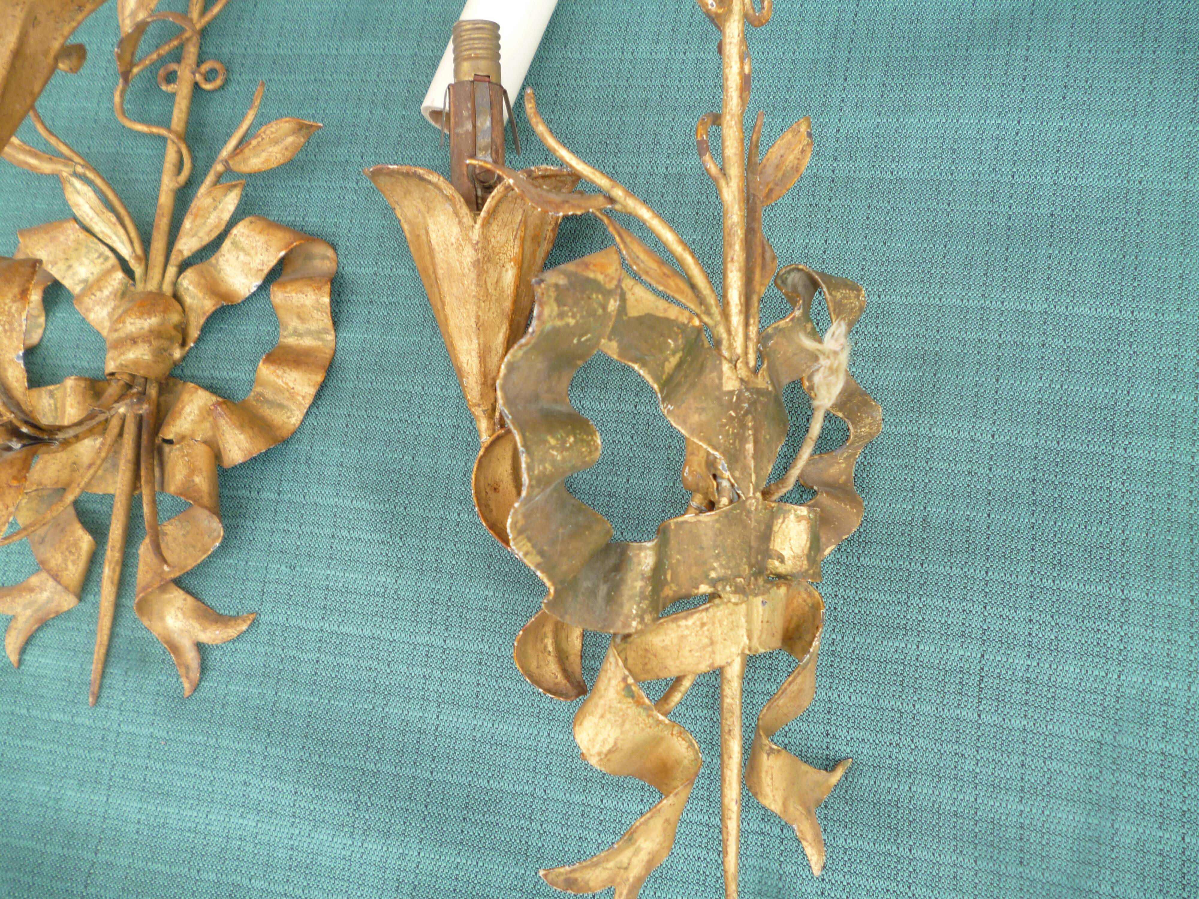 Pair of wall lamps gold patinated vintage metal