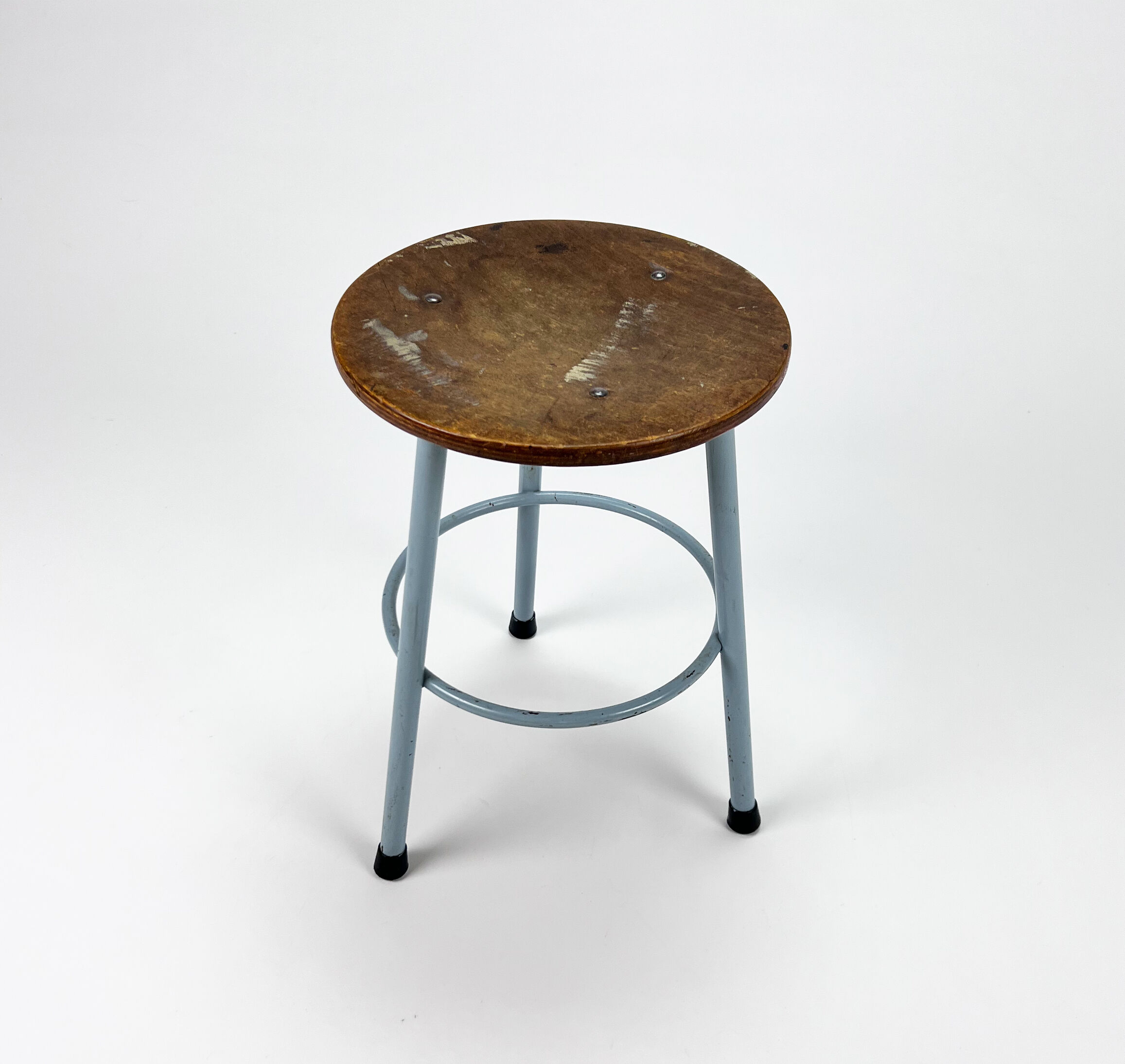 Vintage Dutch Industrial Steel and Wood Stool, 1960s