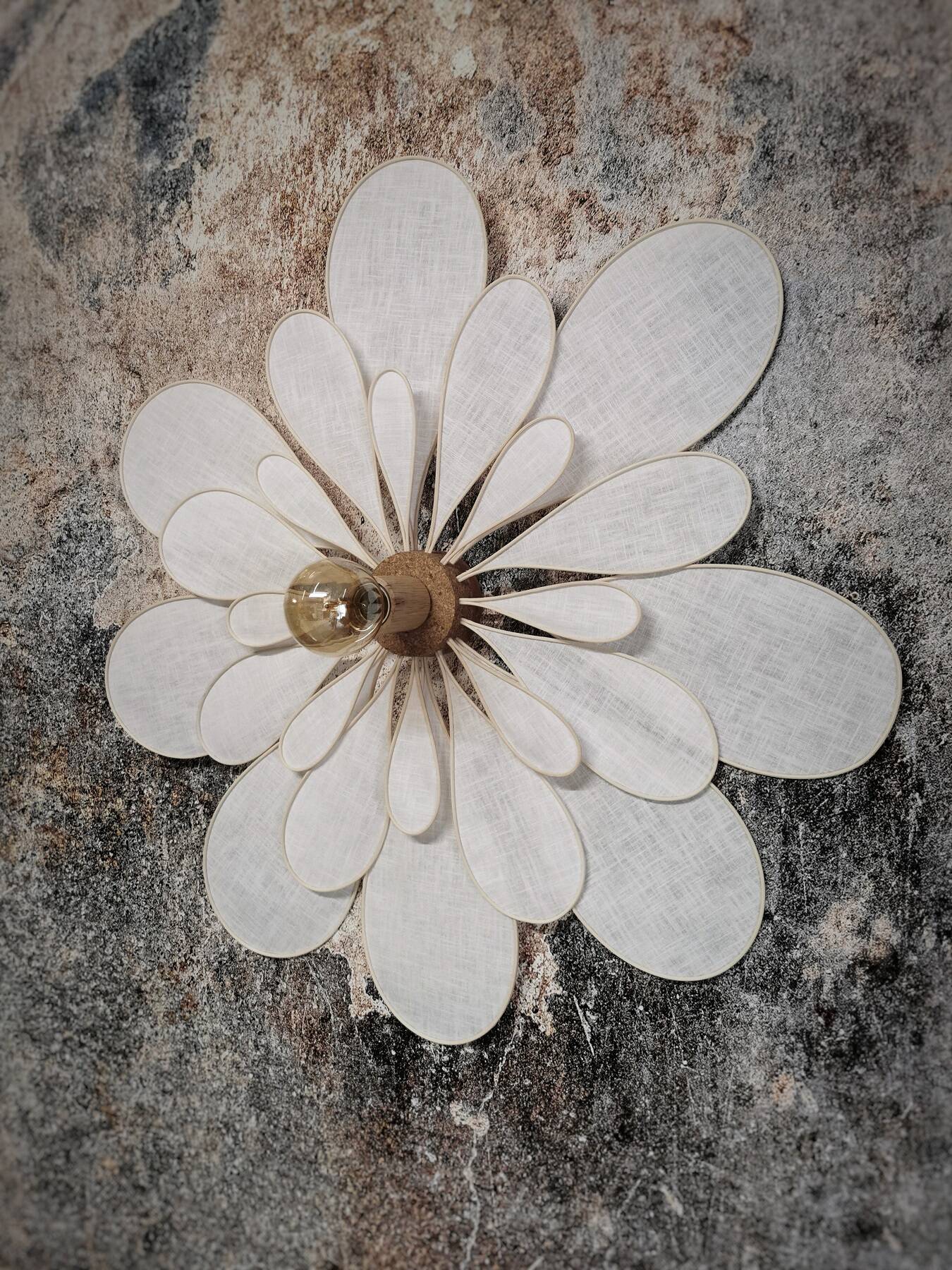 24 petal flower wall light in rattan and white linen