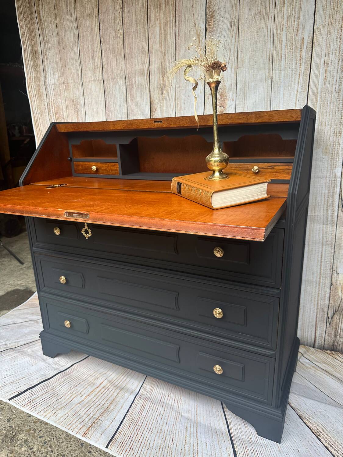 Wooden and black secretary desk