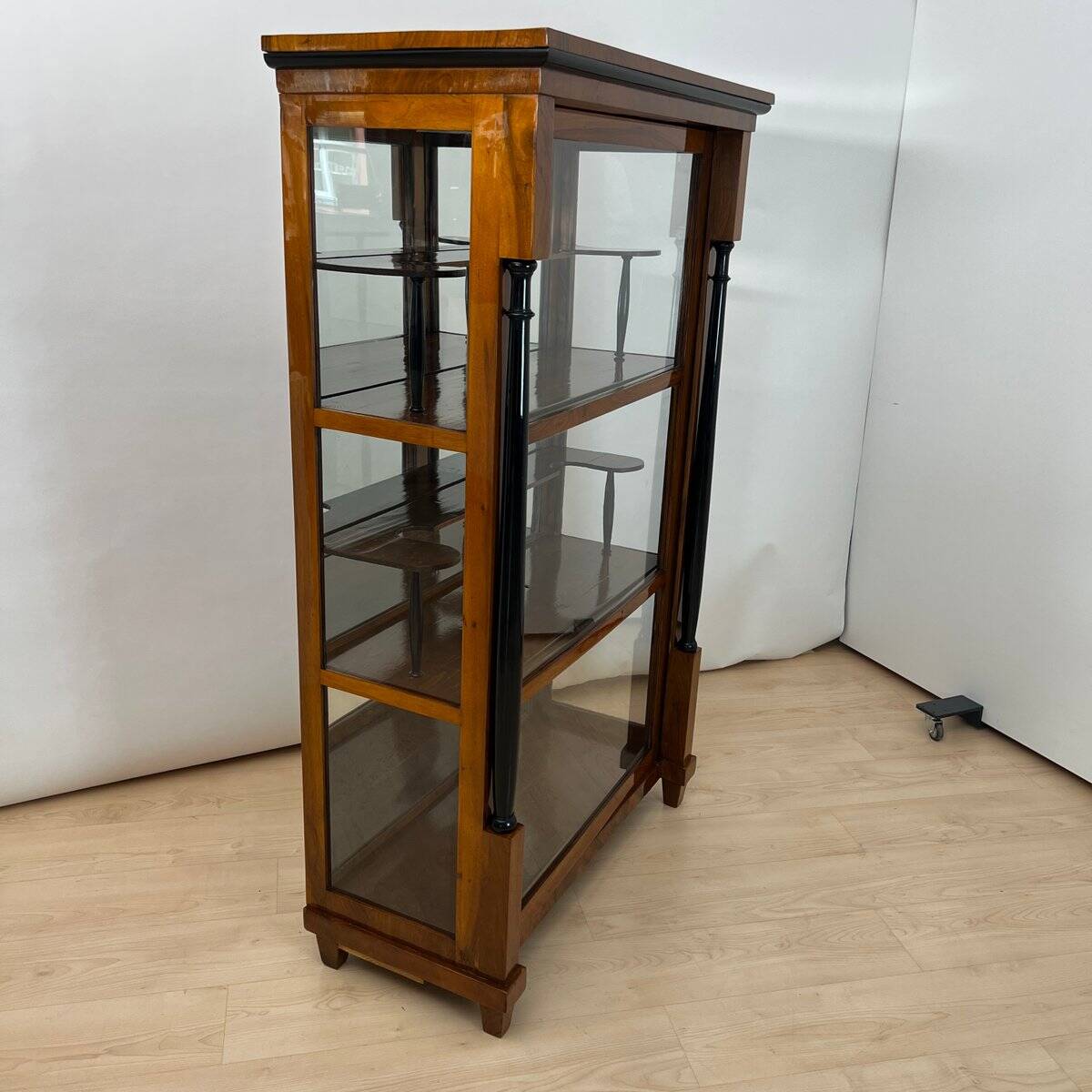 Biedermeier Vitrine in Walnut & Brass with Three Sides Glazed, South Germany, 1830