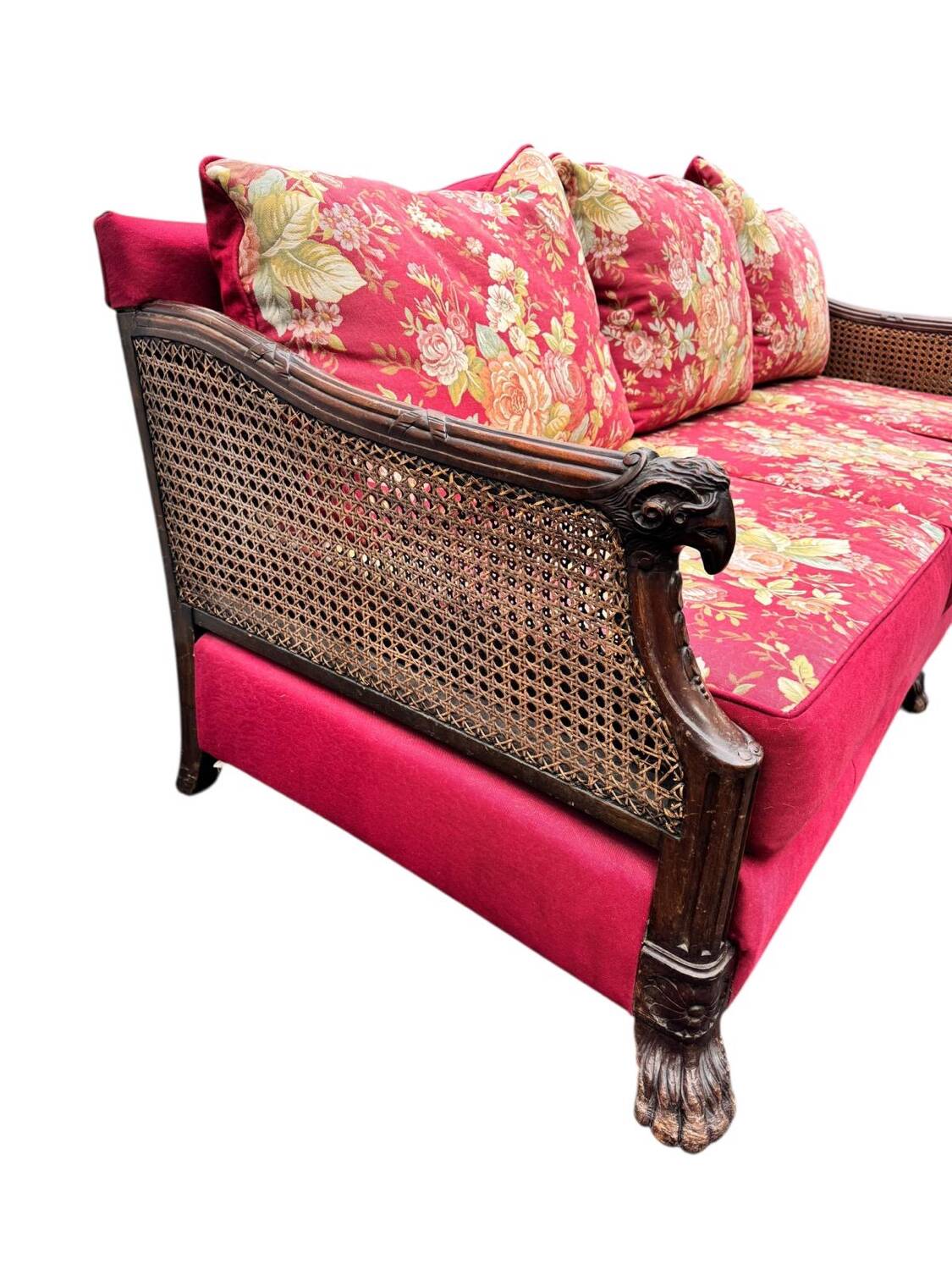 Empire-style bergère bench, carved wood and cane sofa, circa 1900