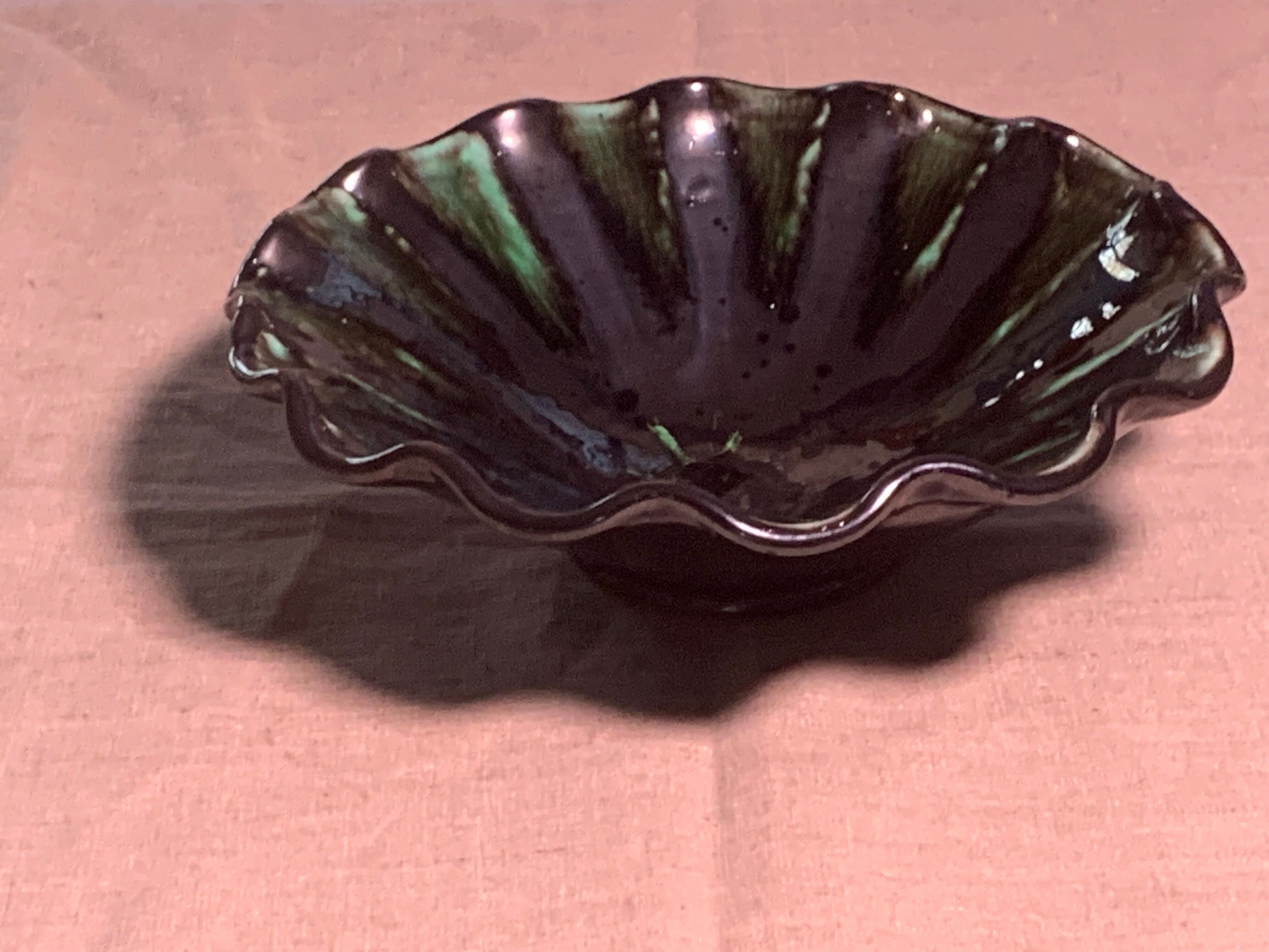 Vintage green and black glazed ceramic fruit cup