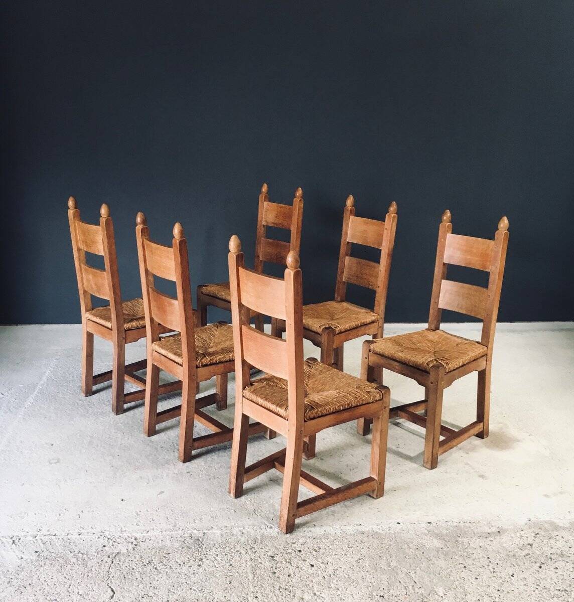 Handcrafted Oak and Rush Dining Chairs, Belgium, 1960s, Set of 6