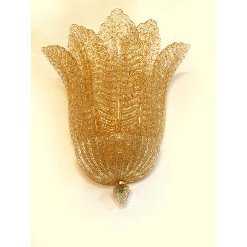 Set of Two Transparent and Gold Graniglia “Leaf” Murano Glass Wall Sconces