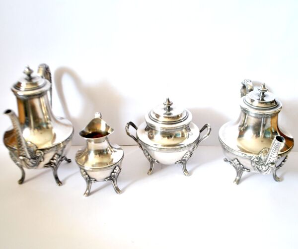 Service à café ancien théière cafetière en métal argenté décor feuille acanthe - orfèvre A. Frenais