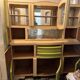 Hungarian Art Deco green and cream kitchen cabinet with glass doors, 1940s