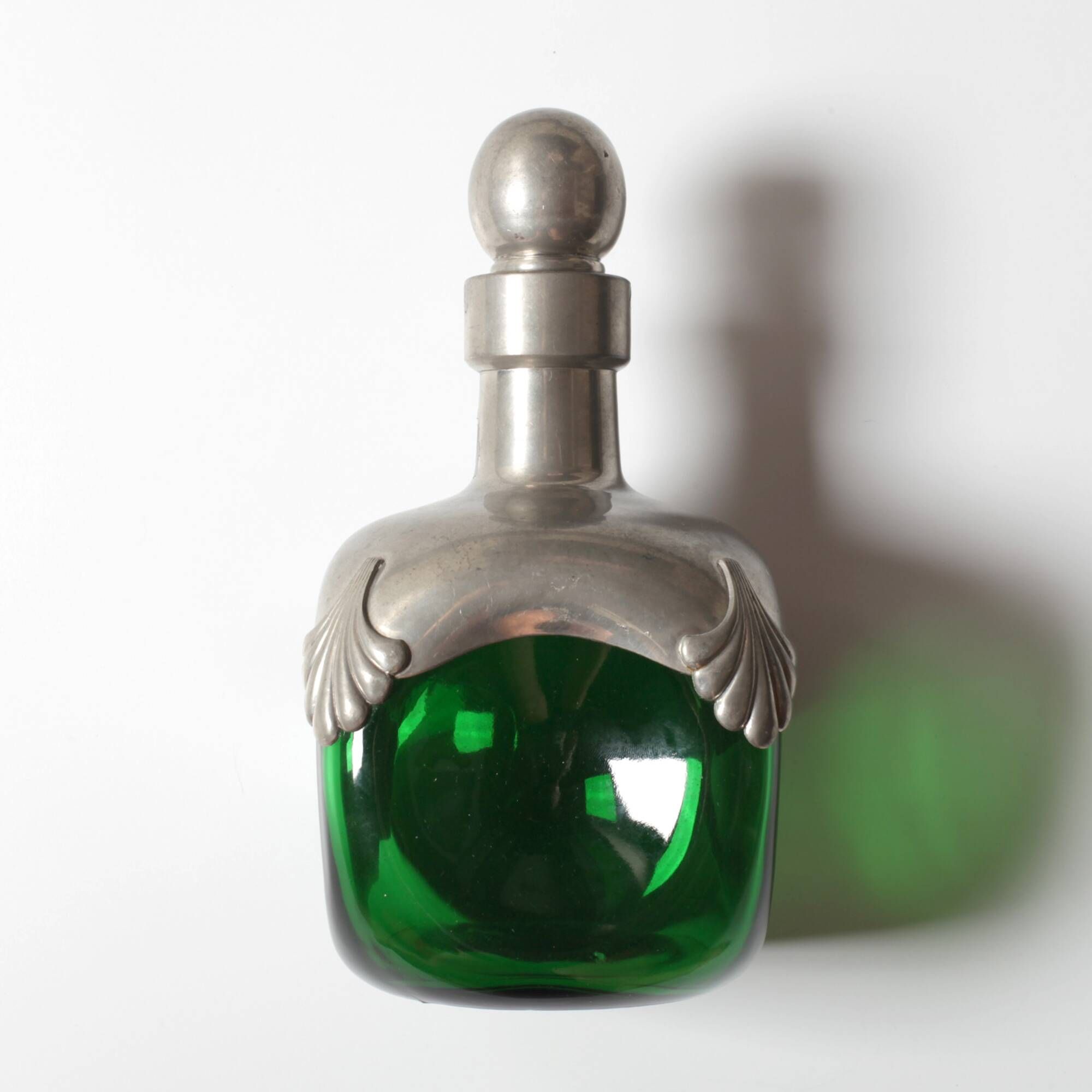 Art Nouveau Green Glass Decanter with Pewter Elements / France / 1960s