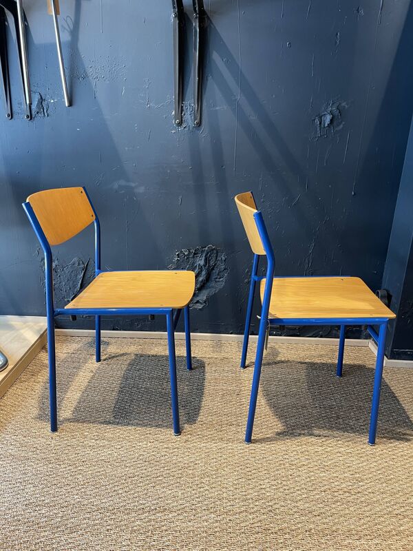 Paire de chaises Gijs Van Der Sluis bois et pieds bleu  Pays Bas années 70