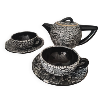 Black teapot and its 2 cups and cups Arts-Ceram Grand Feu