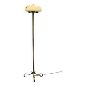1940s Restored Brass Floor Lamp with  Glass Shade