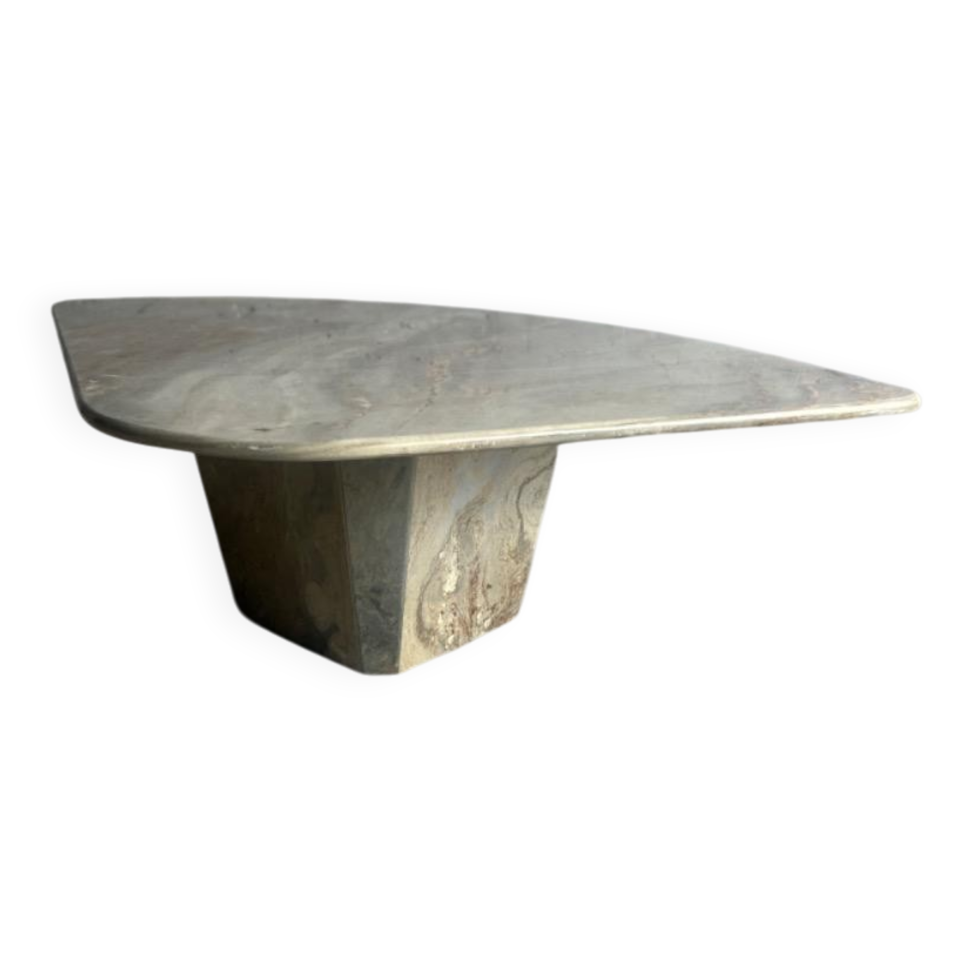 Light gray solid granite coffee table with organic triangular shape and conical base, 1980s