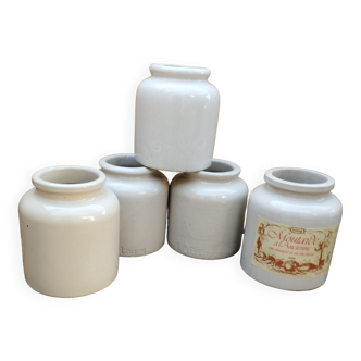 5 old mustard pots, white/ecru