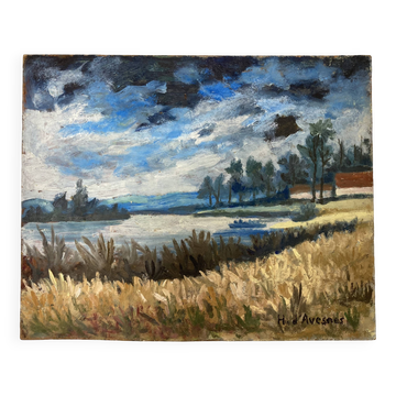 Henry d'Avesnes (1907-1999) Paysage au bord de l'eau. Huile sur panneau