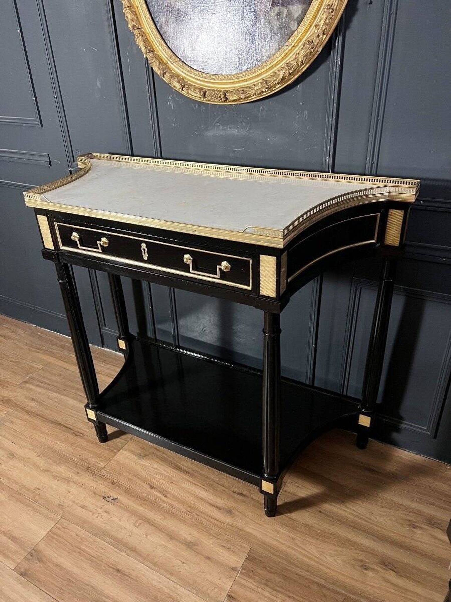 Pair of Louis XVI Style Black Lacquered Wood Console Tables