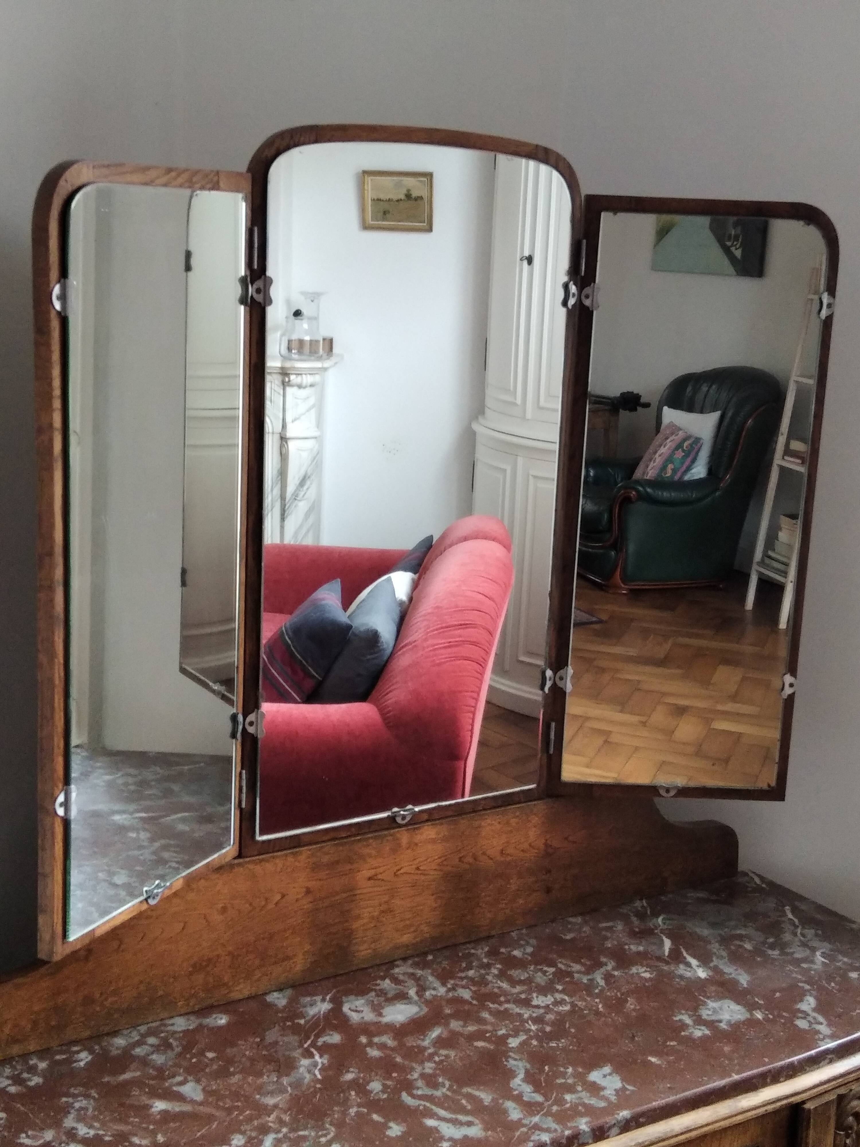 Solid wood dresser with triptych mirror and marble top