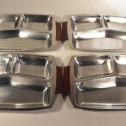 Set of 4 stainless steel and wood trays from the 70s