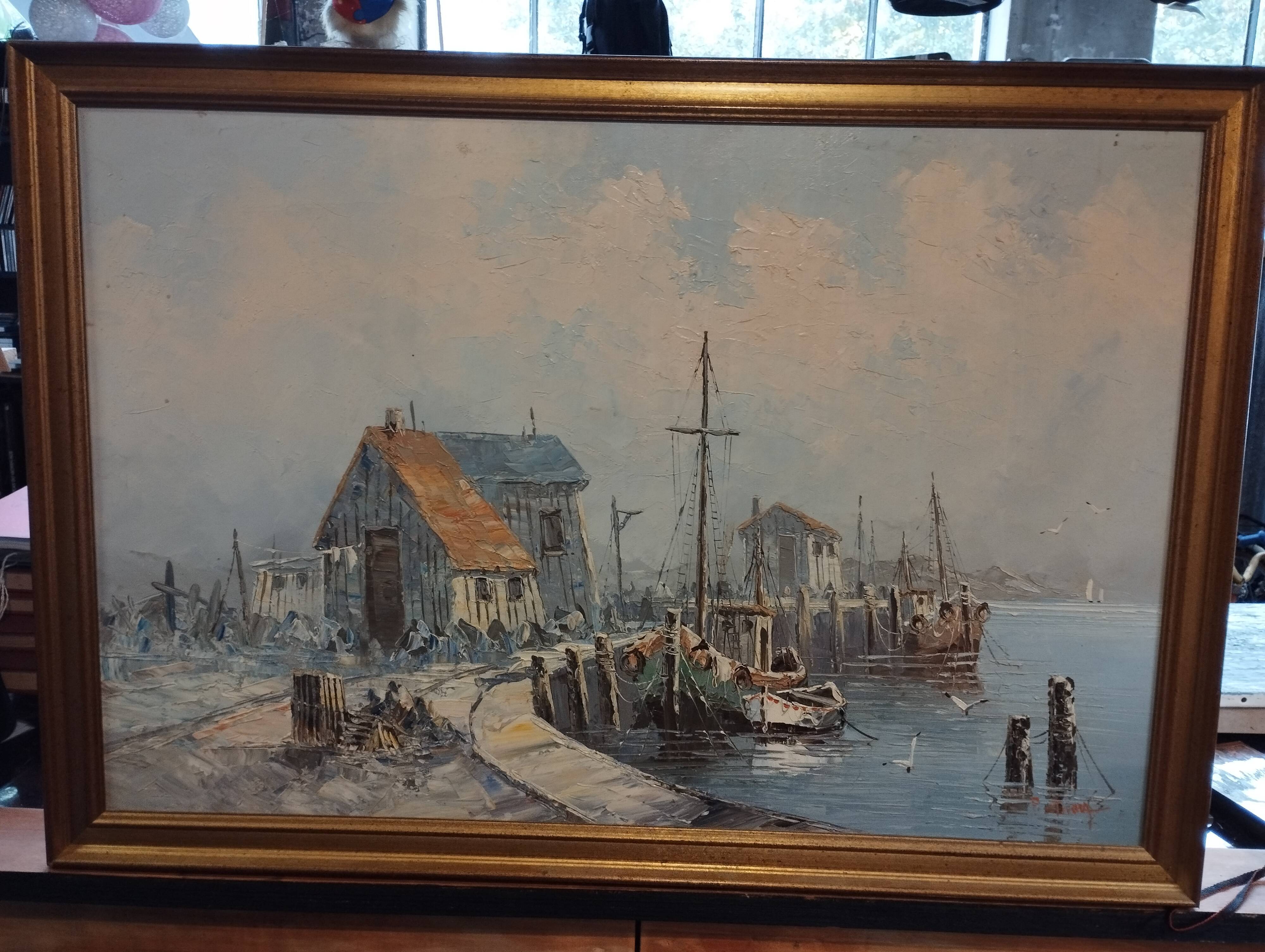 Oil painting fishing edge signed p stirrat