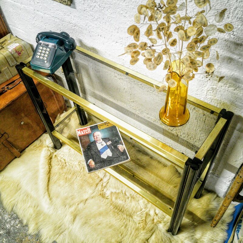Vintage wooden console and smoked glass
