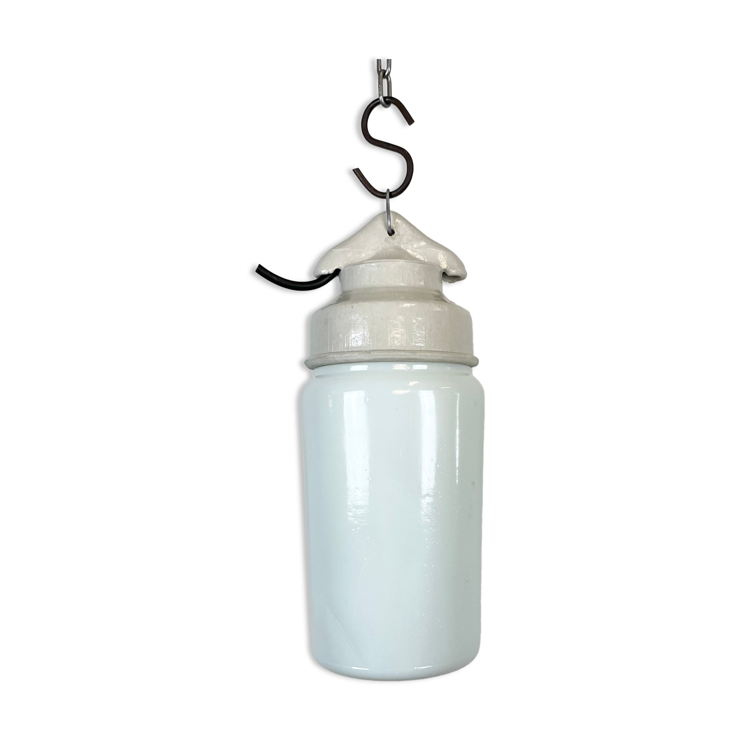 Industrial White Porcelain Pendant Light with Milk Glass, 1970s