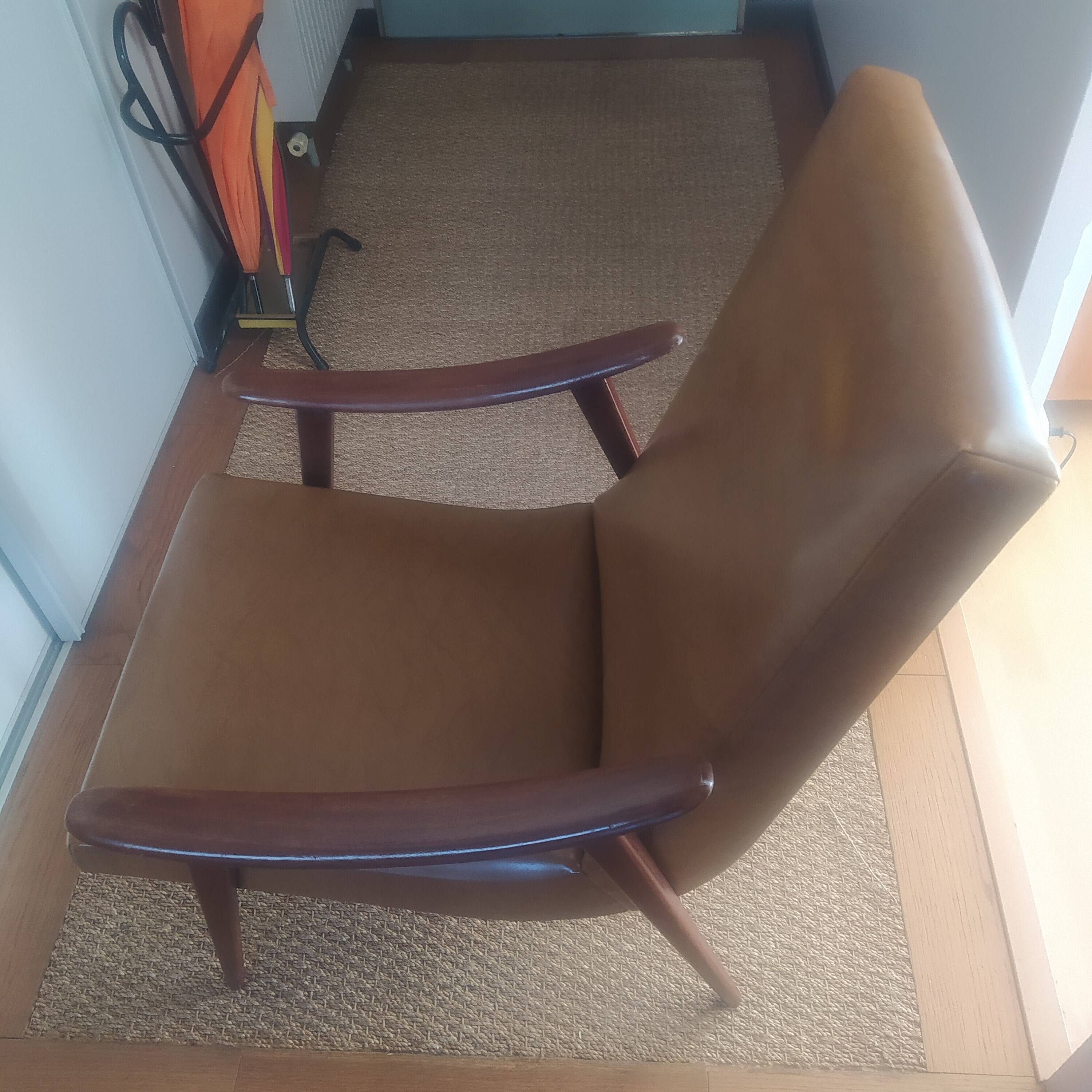 Vintage Boomerang armchair 1950 brown imitation leather