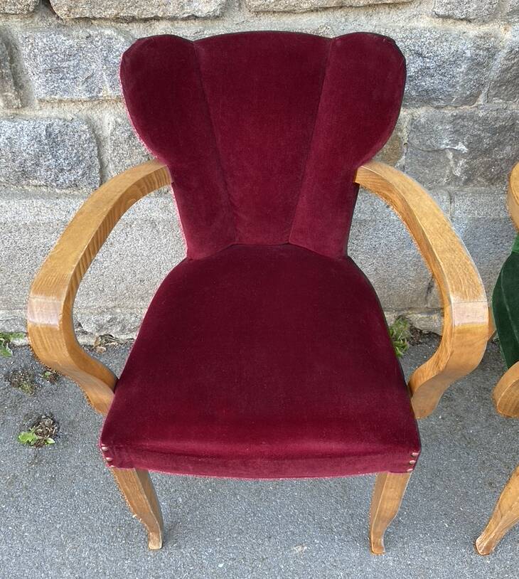 Pair of vintage studded velvet bridge chairs, 1950s