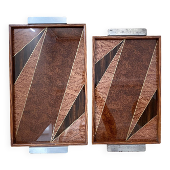 Duo of vintage wooden trays marked art deco