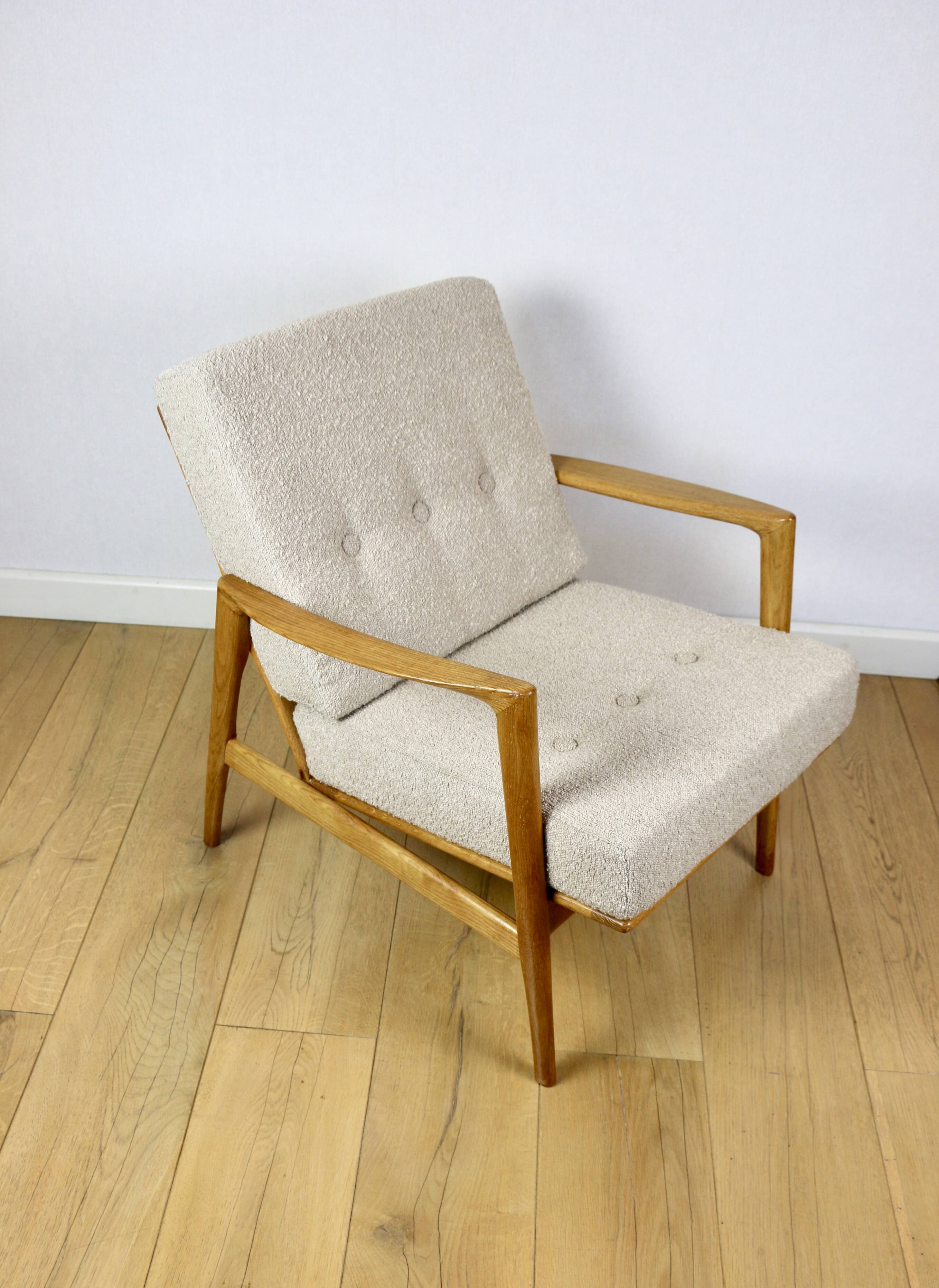 PRL armchair "Stefan" wooden oak vintage beige boucle