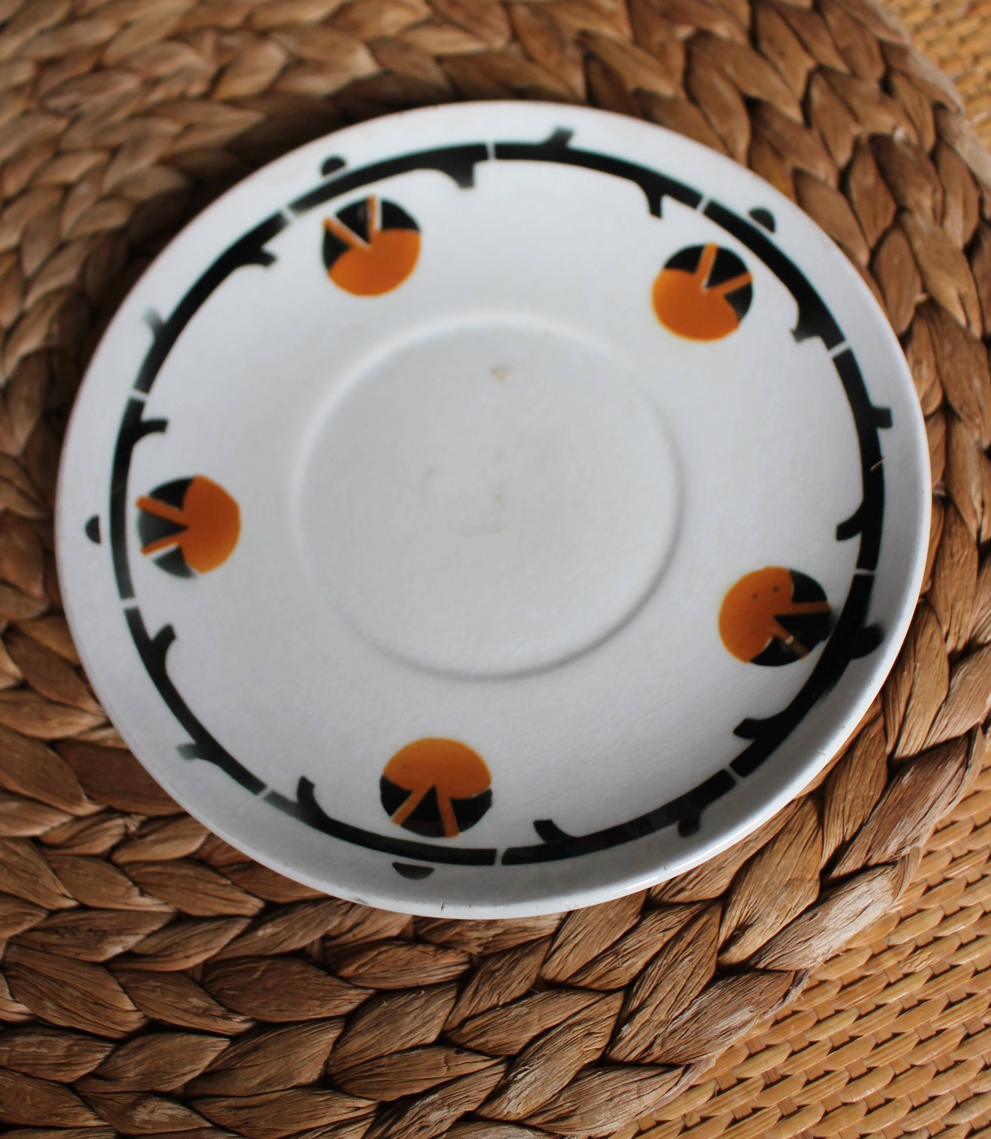 A large cup of chocolate tea, saucer Badonviller Barcarolle orange black.