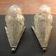 Pair of art deco glass wall lights signed dégue, hammered wrought iron.