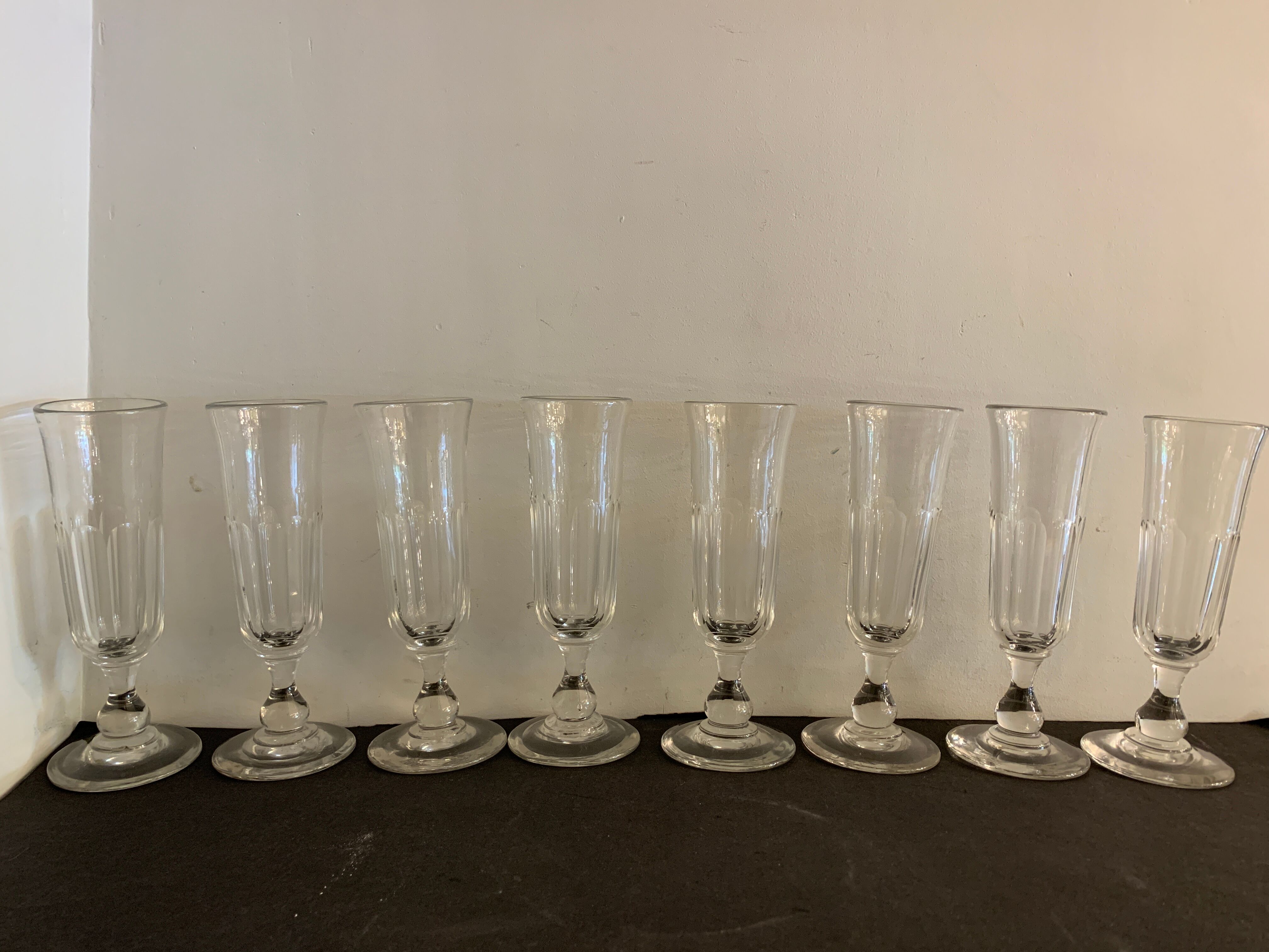 8 antique glass champagne flutes